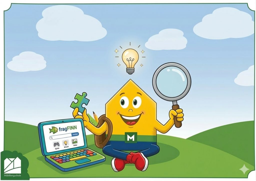 Das Maskottchen der Mühlbergschule sitzt auf einer Wiese. Es hält ein Puzzleteil und eine Lupe in den Händen. Daneben steht ein bunter Laptop, auf dem die Kindersuchmaschine fragFINN geöffnet ist. Über dem Kopf des Maskottchens leuchtet eine Glühbirne.
