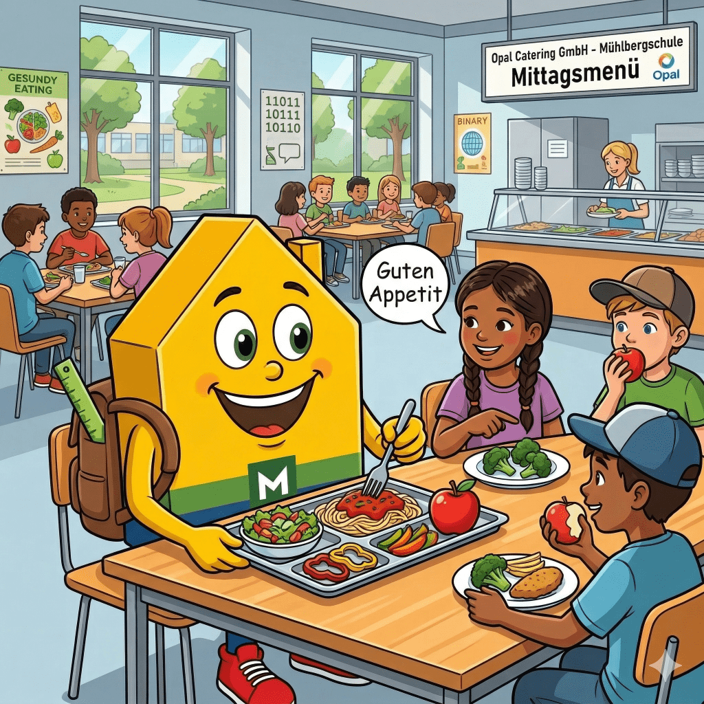 Mühlbergschule Maskottchen beim Mittagessen