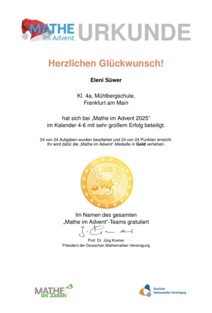 Urkunde Mathe Advent 2025