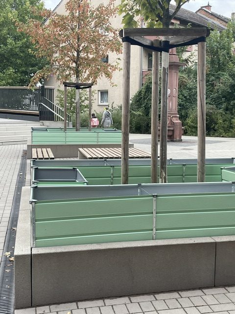 Neue grüne Blumenkästen mit Sitzbänken rund um Bäume auf dem Schulhof der Mühlbergschule nach dem Malteser Social Day