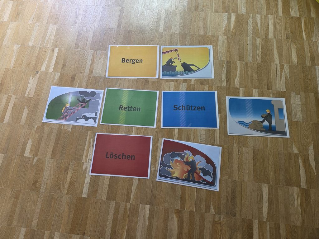 Geordnete Karten zu den Feuerwehraufgaben Bergen, Retten, Schützen, Löschen, Brandschutzerziehung Jahrgang 4