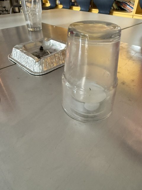 Umgestülptes Glas über einem Teelicht, Versuch zum Ersticken der Flamme, Brandschutzerziehung Jahrgang 4