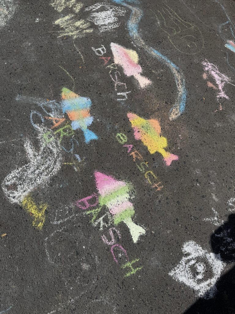 Bunte Kreidezeichnungen von Barschen mit Beschriftung auf dem Asphalt, Aktion bei den Fischerhallen Frankfurt