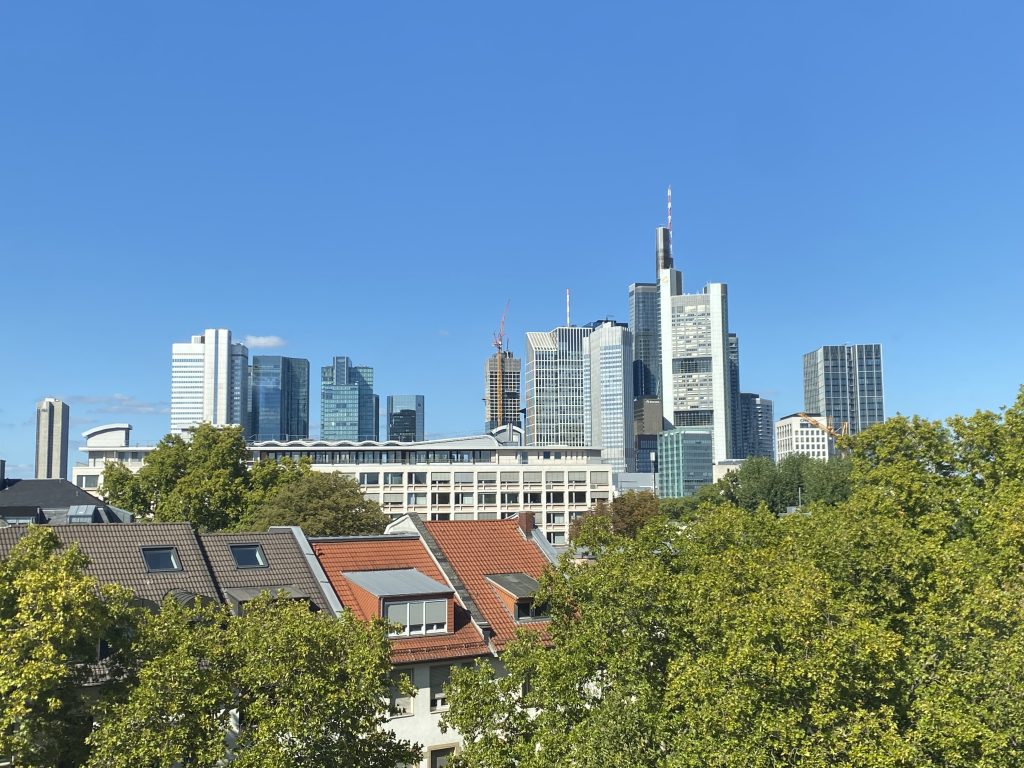 Ausblick auf die Frankfurter Hochhäuser über Bäumen und Dächern, aus der Schillerschule beim Mathematikworkshop